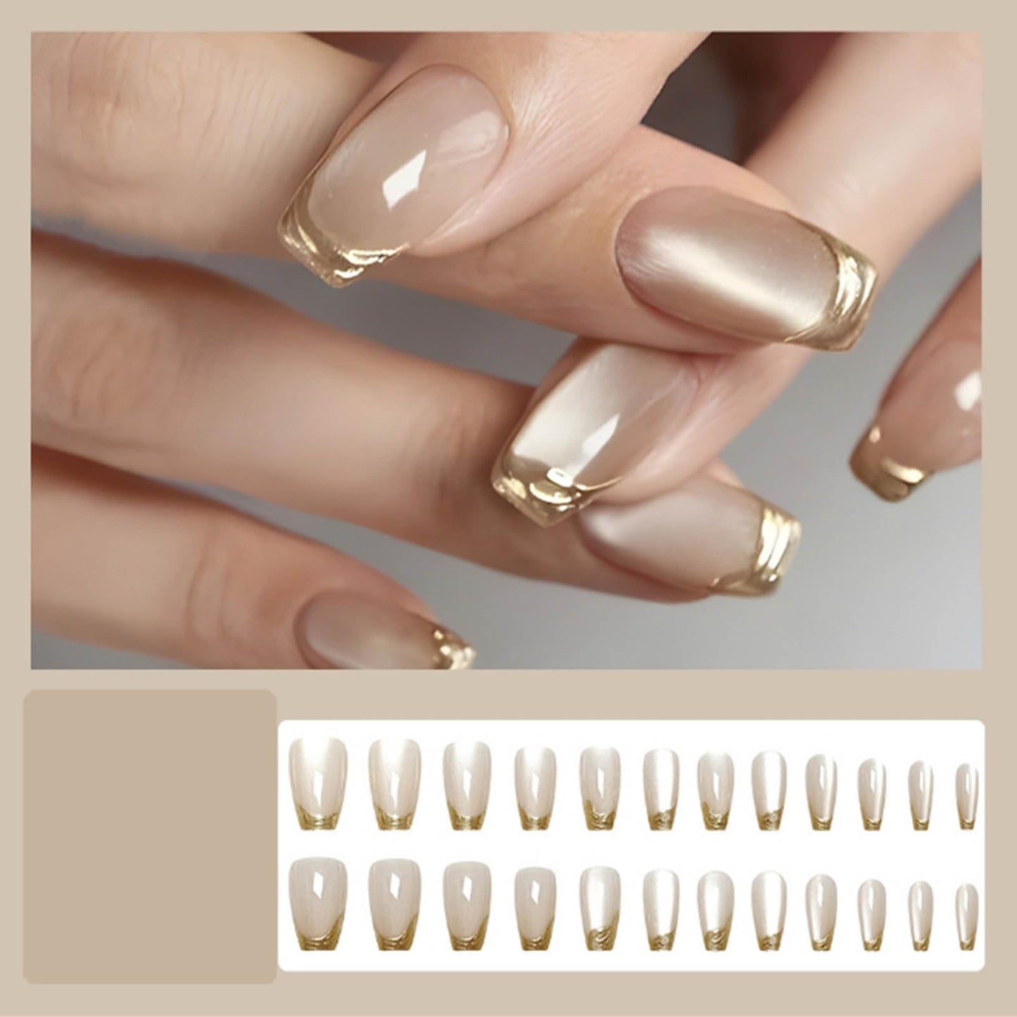 YoYoee 24Pcs-Short Square Press on Nails - French Cat's Eye False Nails | Glossy Bling Fake Nails for Women Elegant & Durable Artificial Nails for Instant Manicure