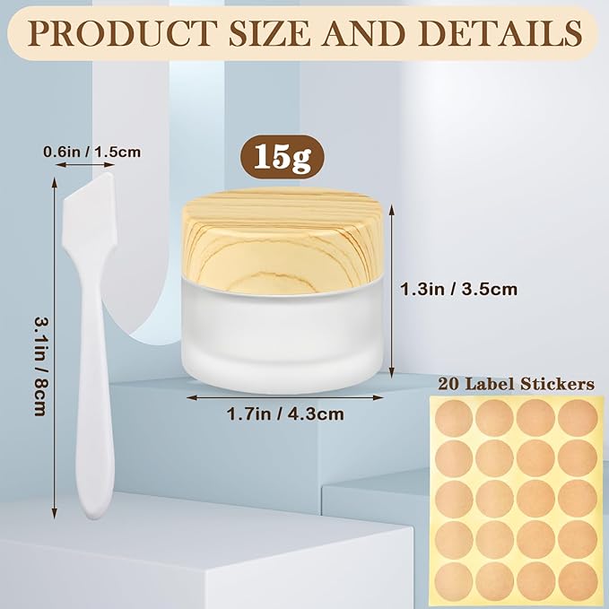 1/2 oz Glass Jars with Lids 4Pcs Frosted Glass Lip Balm Containers Cosmetic Containers Empty Sample Jars for Lotion Cream Lip Balm Eyeshadow, with Spatulas, Stickers