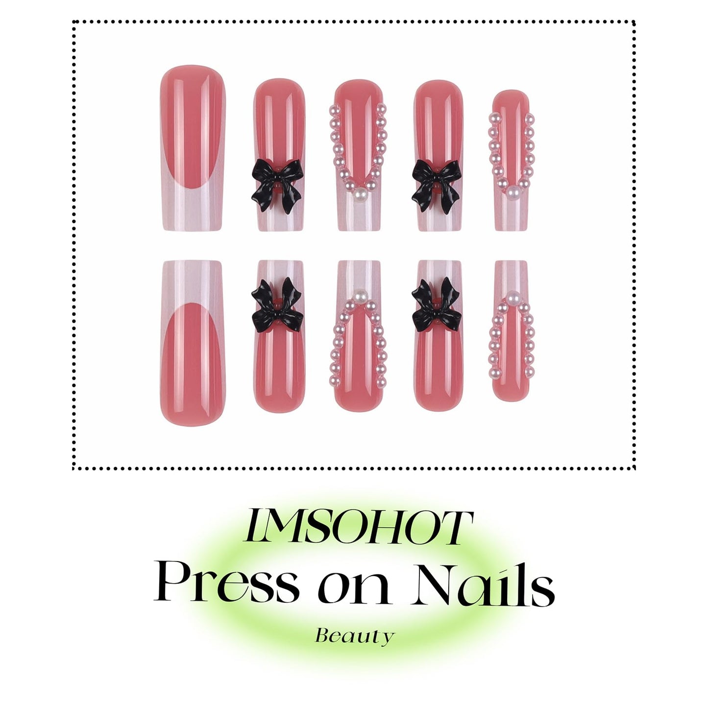 IMSOHOT Press on Nails Long Square Fake Nails White French Tip Glue on Nails with Black Bow Designs Glossy Acrylic Full Cover Stick on False Nails for Women Girls Manicure Decoration