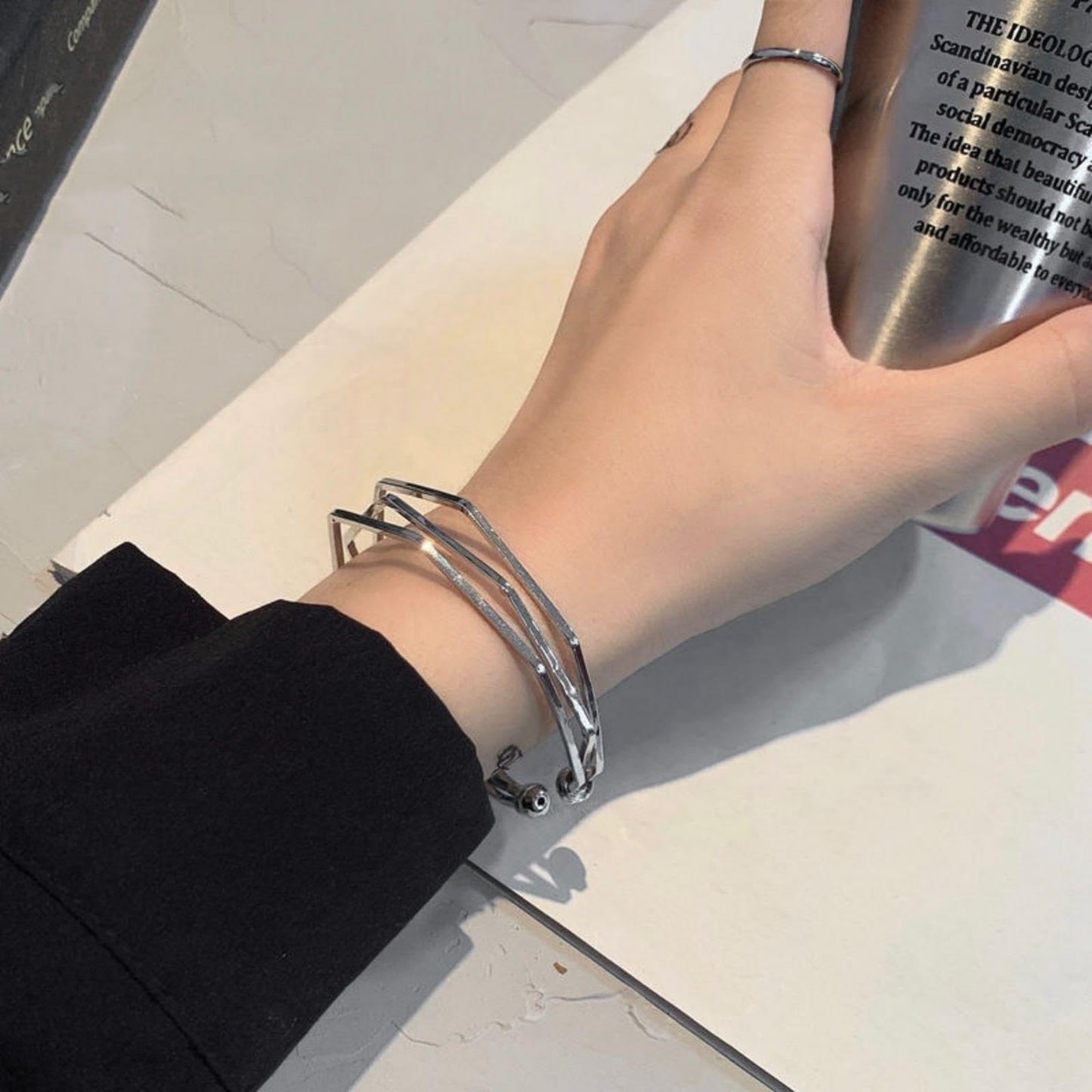 Handmade 925 Sterling Silver Bangle Bracelets For Women Geometric Hollow Bangles Irregular Wide Band Chunky Bangles Adjustable Open Cuff Bangle Bracelets For Women Stackable Wrap Bangle Bracelets Gift