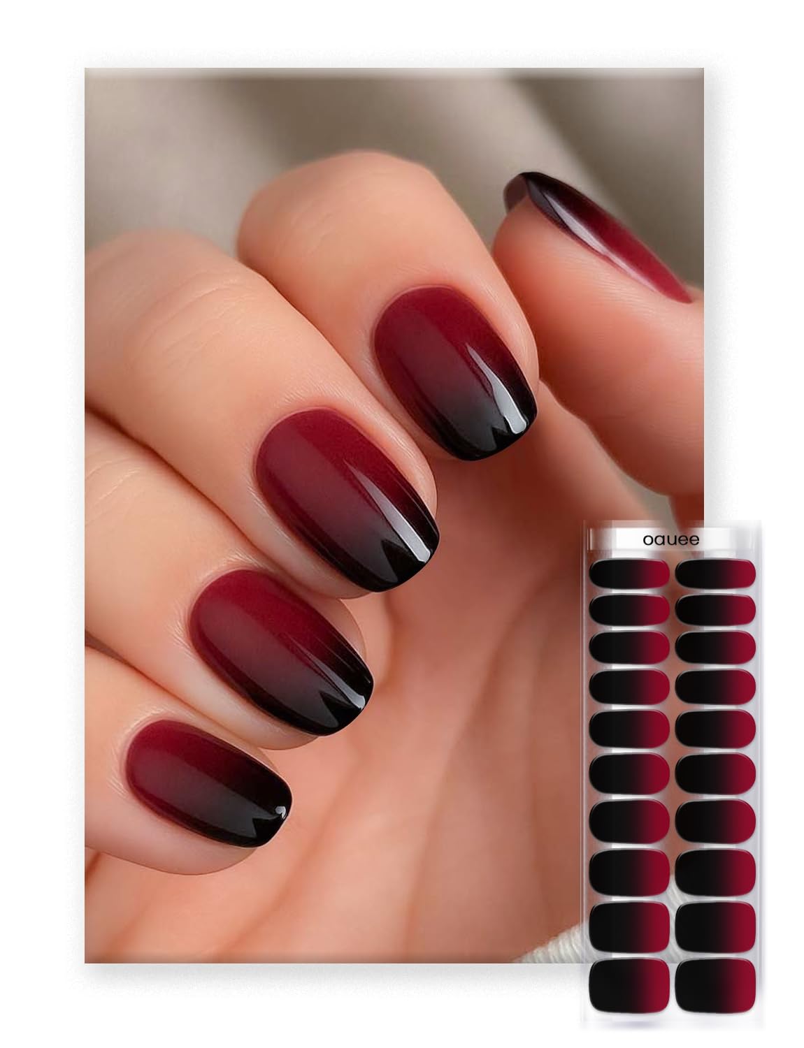 Oauee Semi Cured Gel Nail Strips | Built-In Gel Top Coat | UV Light Required | Salon Quality, Easy Application And Removal (Red and black gradient)