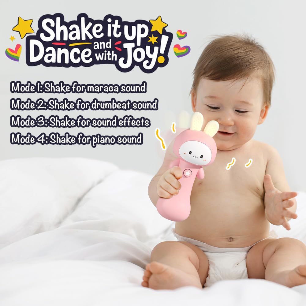 VKTEN Bunny Baby Rattle Toy with Light & Sound – Interactive Teething & Sensory Toy – Ideal Easter Basket Stuffer for Baby 3-24 Months