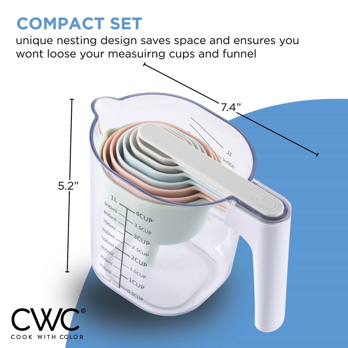 COOK WITH COLOR Measuring Cup Set - 9 PC. Nesting Stackable Liquid Measure Cup, Dry Measuring Cups and Spoons with Funnel and Scraper (Pastel)