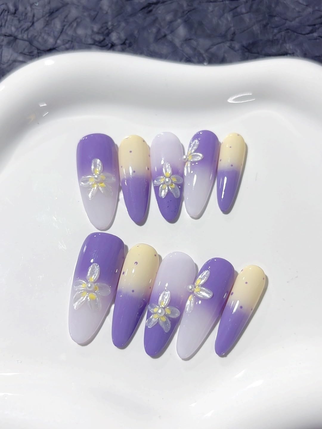 Vseegrs Purple Handmade Press on NailsStiletto Long Artificial False Nails with Designs Embossed Flowers Acrylic Nail Press ons Polka Dot Press on Nail Kit for Women 10pcs (L)