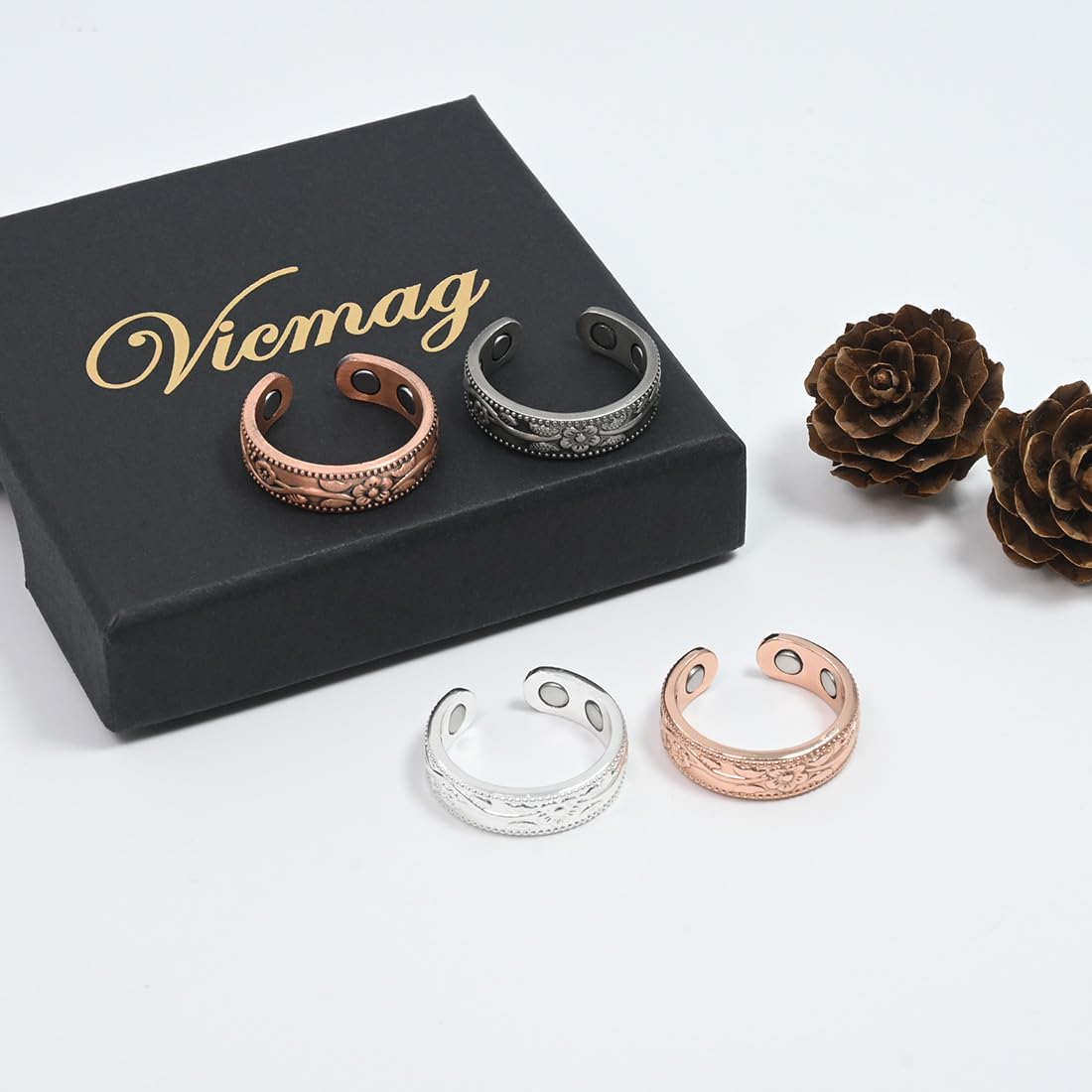 Vicmag Copper Magnetic Ring for Women, Magnetic Rings Ladies Fingers Thumb 100% Solid Pure Copper Jewelry Gift Adjustable (4PCS Flower)