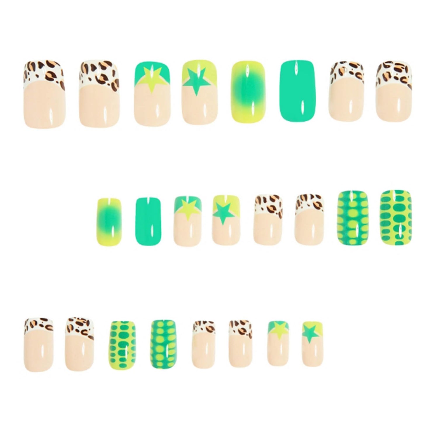 YoYoee 24-Piece Short Square Press on Nails - French Green False Nails | Leopard Print Fake Nails for Women Elegant & Durable Artificial Nails for Instant Manicure