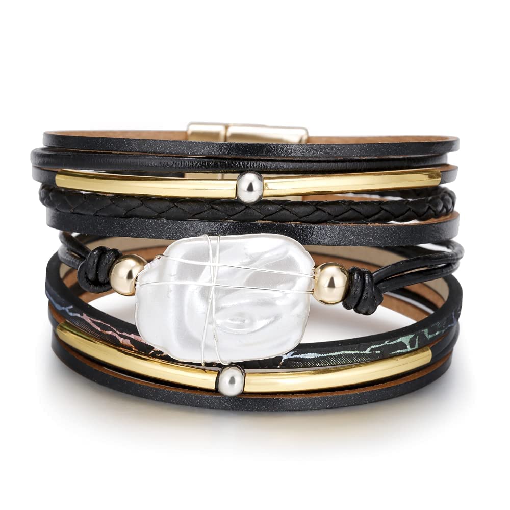 Fesciory Leopard Bracelet for Women, Boho Leather Wrap Multi-Layer Pearl Crystal Bracelet Bangle Jewelry(Black Leather(Pearl))