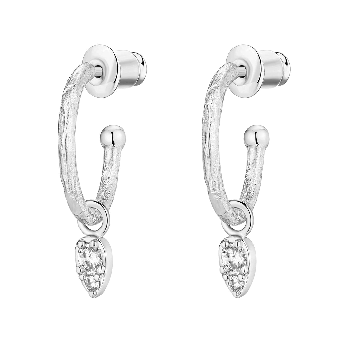 PAVOI Rhodium Plated 925 Sterling Silver Post Dangle Huggie Hoop Earrings For Women - Trendy Tear Drop Shaped Cubic Zirconia Open Hoop Earrings - Small Hinged Hammered Huggies