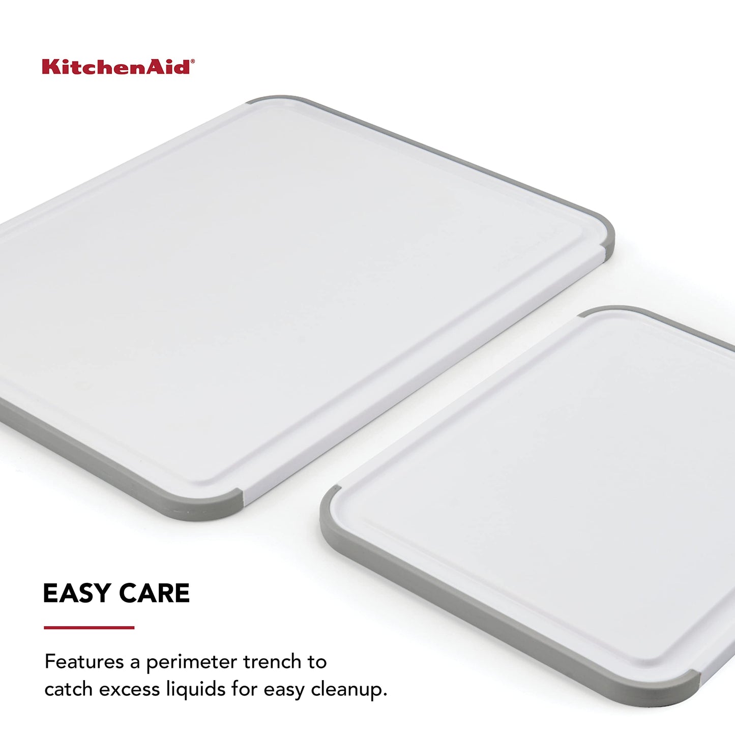 KitchenAid Classic Nonslip 2-Piece Plastic Cutting Board Set with Perimeter Trench and Non Slip Edges, 2-Piece Kitchen Chopping Boards, Dishwasher-Safe, White and Gray