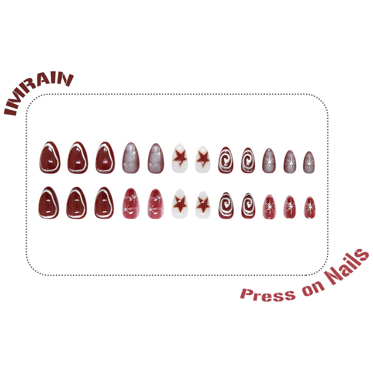 IMRAIN Press on Nails Medium Length Almond Fake Nails Red Silver False Nails with Star Designs Full Cover Glossy Acrylic Gothic Nail Supplies Stick on Nails Art Decoration for Women