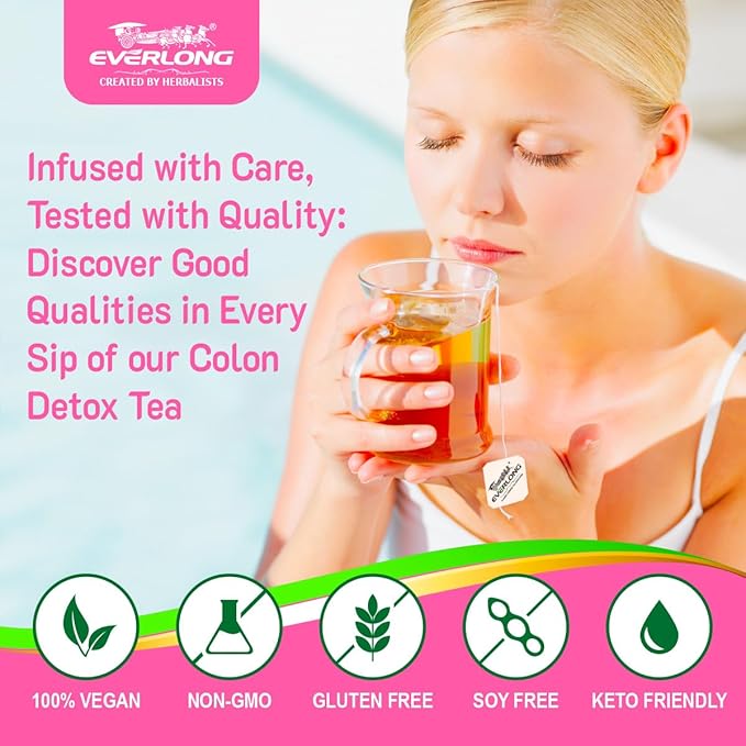 EVERLONG Colon Detox Tea - Dandelion Leaf with Senna, Gynostemma, Lotus Leaf, Spearmint for Colon Cleanse and Digestive Health, Promote Regularity - 14 Herbal Tea Bags, All Natural, Caffeine-Free