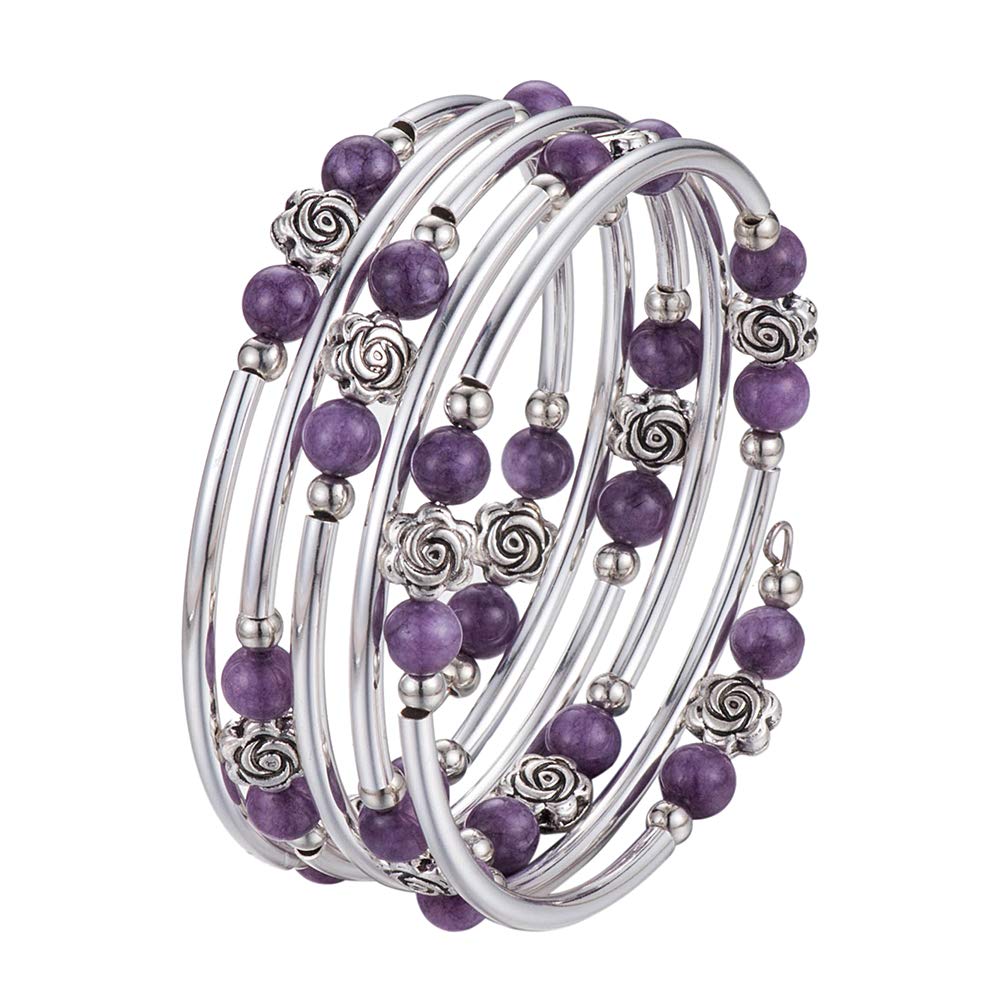 BULINLIN Wrap Bangle Rose Bead Bracelet - Beaded Bracelet with Natural Agate Stone Gifts For Women(01-Purple stone)