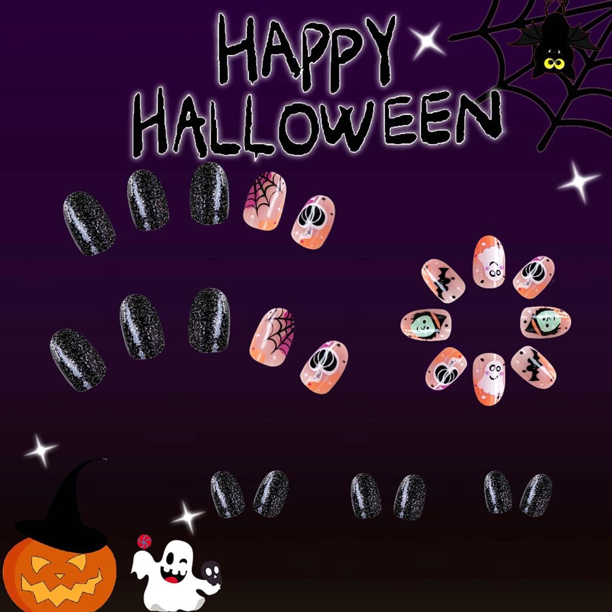 Short Oval Press on Nails Halloween Motifs Fake Nails with Ghost,Spider Web,Pumpkin Design,Full Cover Stick on Nails for Women Manicure,Reusable | Artificial | Nail Sticky Tabs | Easy Apply | 24Pcs