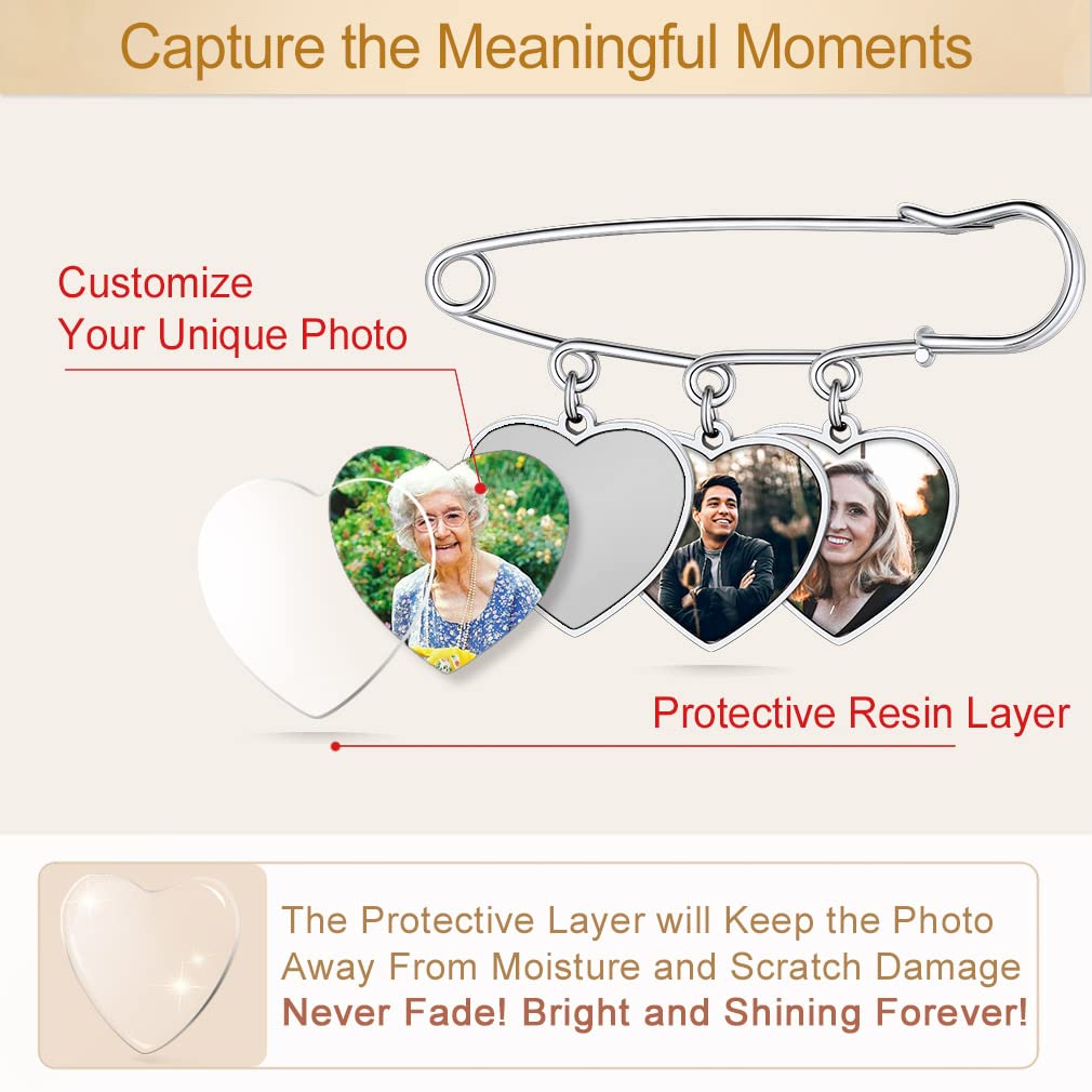 Custom4U Memory Charms for Wedding Bouquet Customized with 3 Pictures Custom Photo Brooch Pins Funeral Boutonniere Heart Shaped Charm Memorial Jewelry