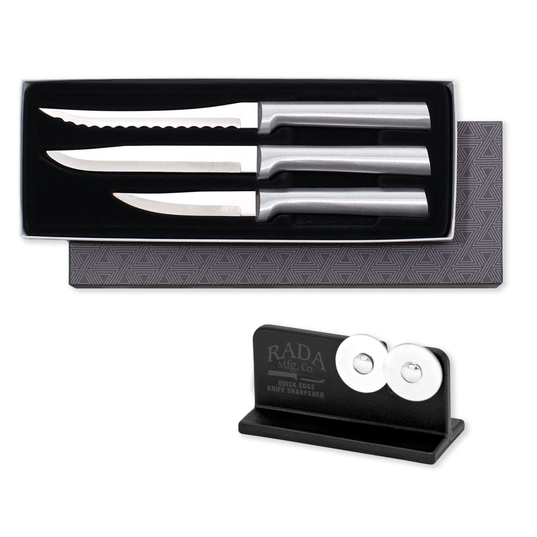 Rada Cutlery Cooking Essentials Gift Set (S49), 3-Piece Knife Set with Quick Edge Sharpener (R119), Stainless Steel Blades, Silver Handle