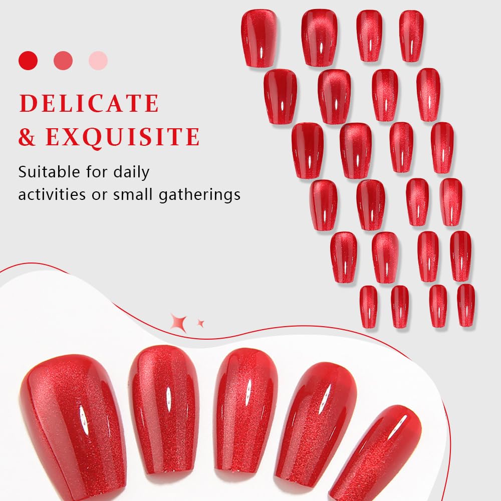 evpct Red Cat Eye Press on Nails Square Medium Coffin No Glue, Medium Square Stick on Nails for Women, Red Metallic Glitter Glossy Reusable Spring Summer Soft Press on Acrylic Fake Nail with Designs