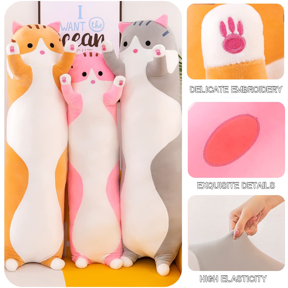 Giant Cat Pillow Plush Cartoon Kitty Sleeping Hugging Pillow, Cuddly Soft Long Kitten Body Pillow Doll Cat Cushion Toy for Kids Girlfriend (Gray, 150cm/59inch)