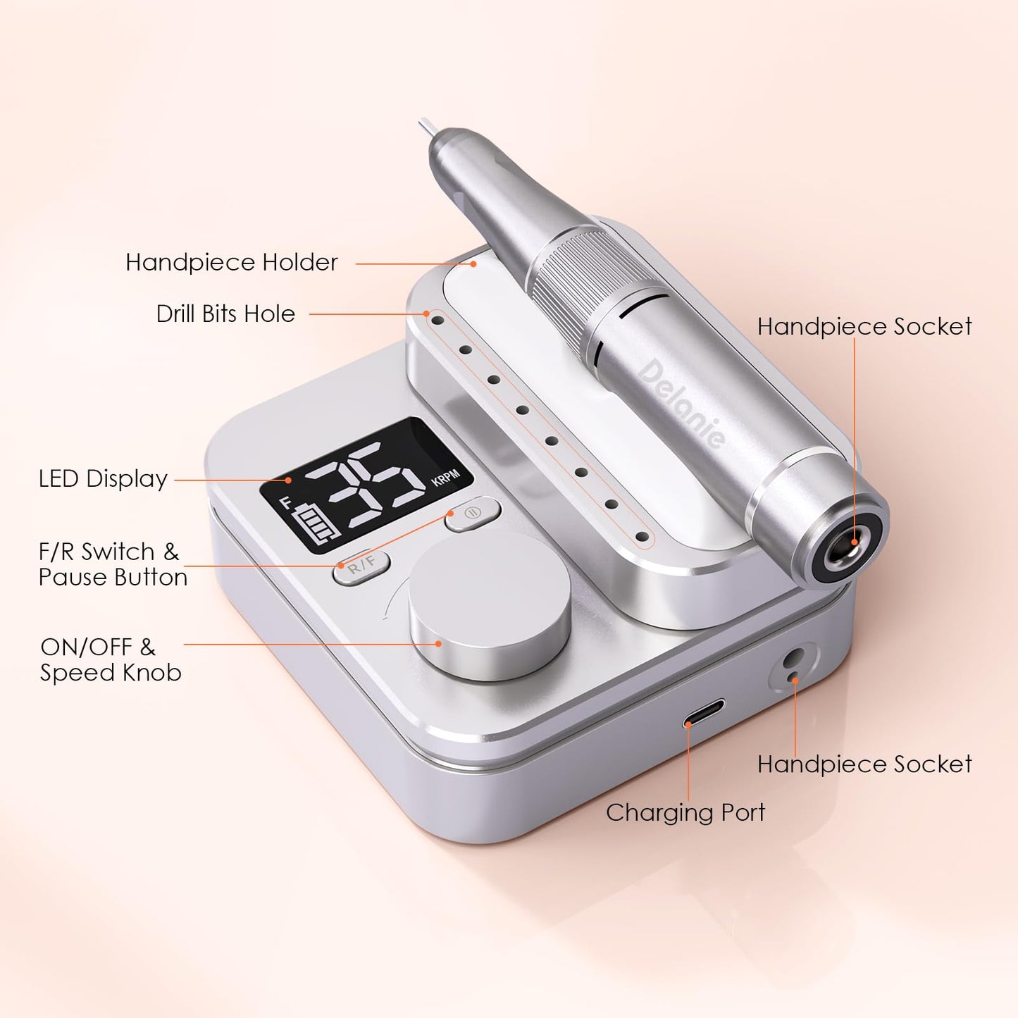 Delanie Electric Nail Drill Machine 35000 RPM, E File for Nails Professional with Magnetic Handpiece Holder, Rechargeable Electric Nail File with 7 bits & 36 Sanding Bands for Manicure Pedicure