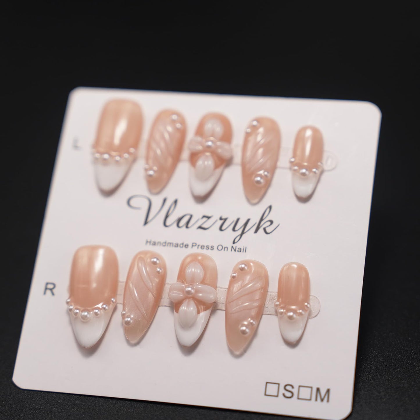 Handmade Press On Nails – Short Almond False Nails for Women, Reusable Acrylic White French Tip with Pearl & 3D Flowers Design – Salon Quality Fake Nails (M-10PCS）