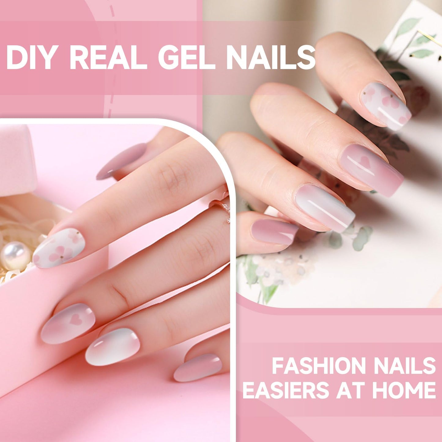 DUKASOU Semi Cured Gel Nail Strips,28 Pcs Flowers Gel Nail Stickers Wraps,Long Lasting Polish Strips with UV Light Requried, Easy to Apply (Pink Love)