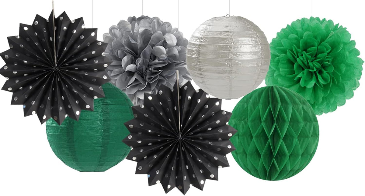 Black-Green Silver Party-Decorations Streamers Lanterns - 14pcs Graduation 2025 Paper Lanterns Fan,Tissue Pom Poms Streamer,Honeycomb Balls,Soccer Supplies Men Boys Birthday Baby Shower Decor Ouruola