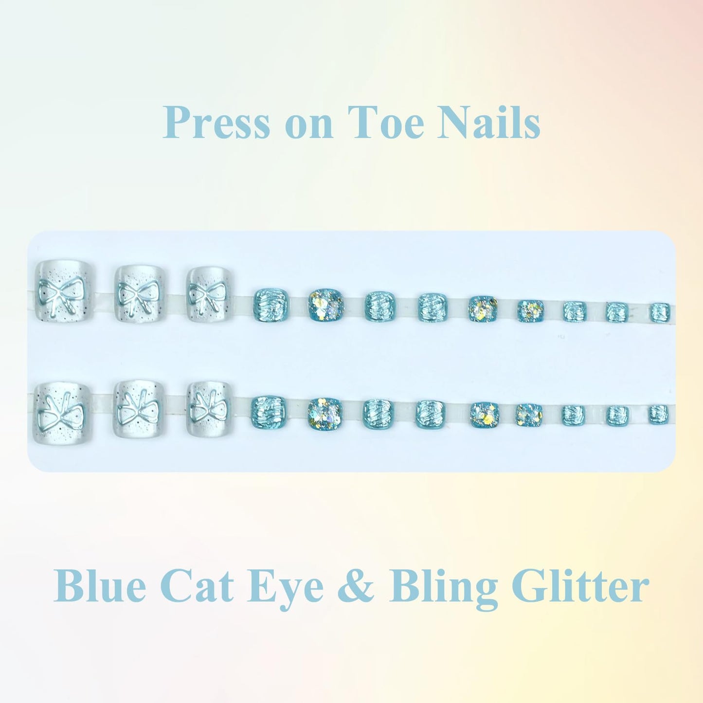 MISUD Press on Toenails - Fake Toe Nails with Blue Cat Eye, Acrylic Toenail Bling Glitter Design 24 pcs