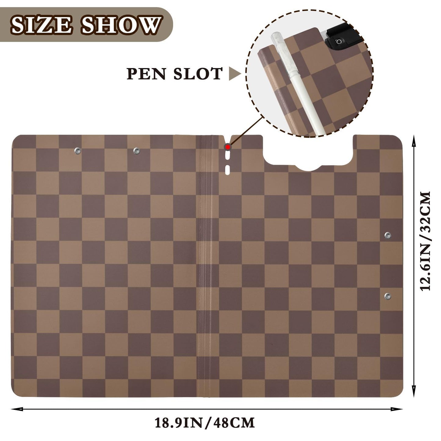 Brown Checkerboard Foldable Clipboard A4 Clipboard Folder with Binders Pen Holder 360° Cover Flip for Work Office Supplies
