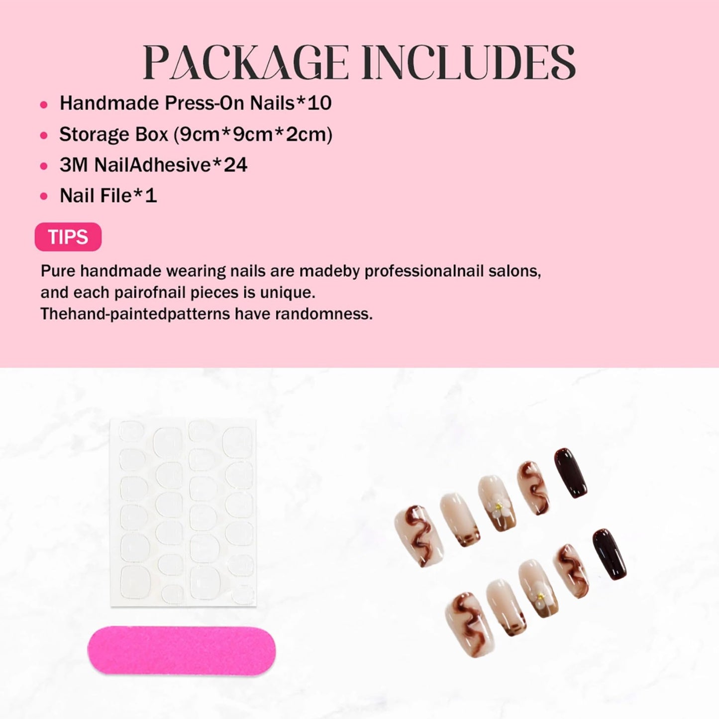 Medium Press on Nails Square Luxury Handmade Fake Nails Brown French Tip Acrylic Nails Press ons with Design False Nails Sparkly Full Cover Artificial Stick on Nail for Women 10Pcs(Size M)