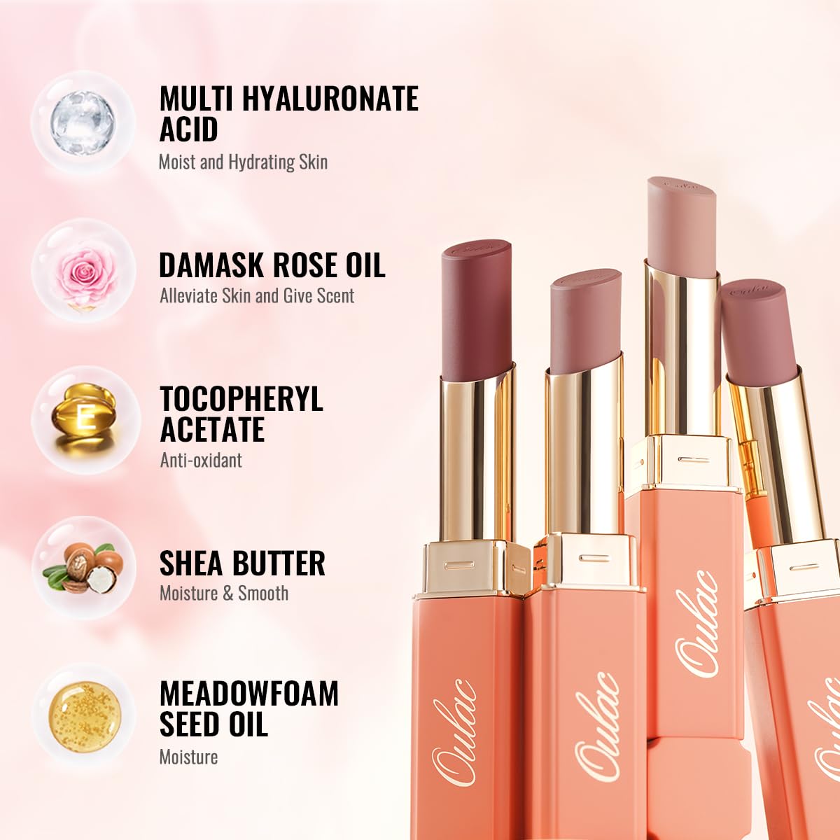 Oulac Satin Lipsticks for Women Set - Matte Lipstick, Full Coverage Lip Color, Satin Matte Finish, Cream Texture, Hydrating, Infused with Hyaluronic Acid, 4g*2 SG04+SG08