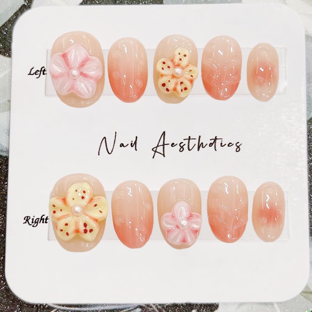 Extra Short Almond Press on Nails Gradient Fake Nails Full Cover Handmade Press on Nails Luxury 3D Flower Pearl Embossed Acrylic Nails Designs Muti-Layer Gel Stick on Nails for Women's Nails Kit (S)