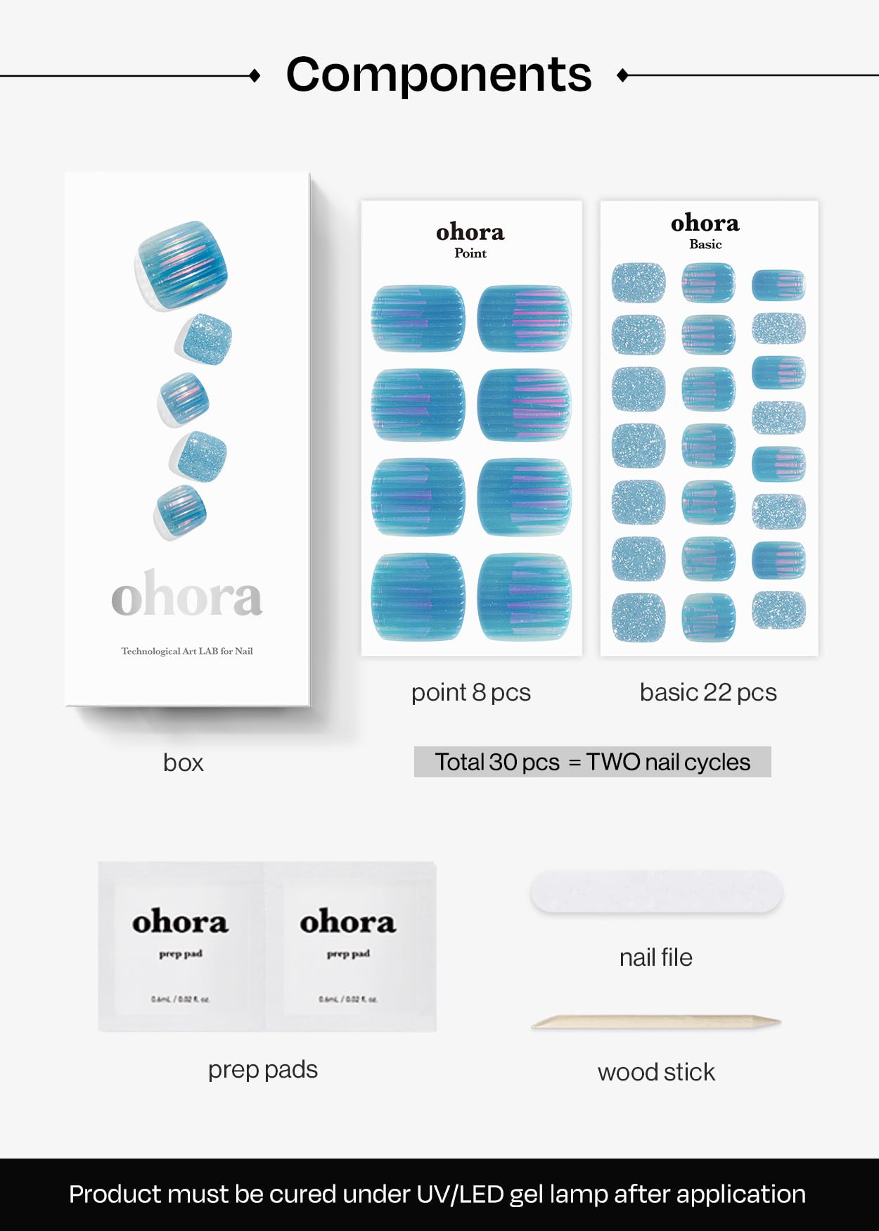 ohora Semi Cured Gel Pedi Strips (P Baccarat Blue) - Works with Any Nail Lamps, Salon-Quality, Long Lasting, Easy to Apply & Remove - Includes 2 Prep Pads, Nail File & Wooden Stick