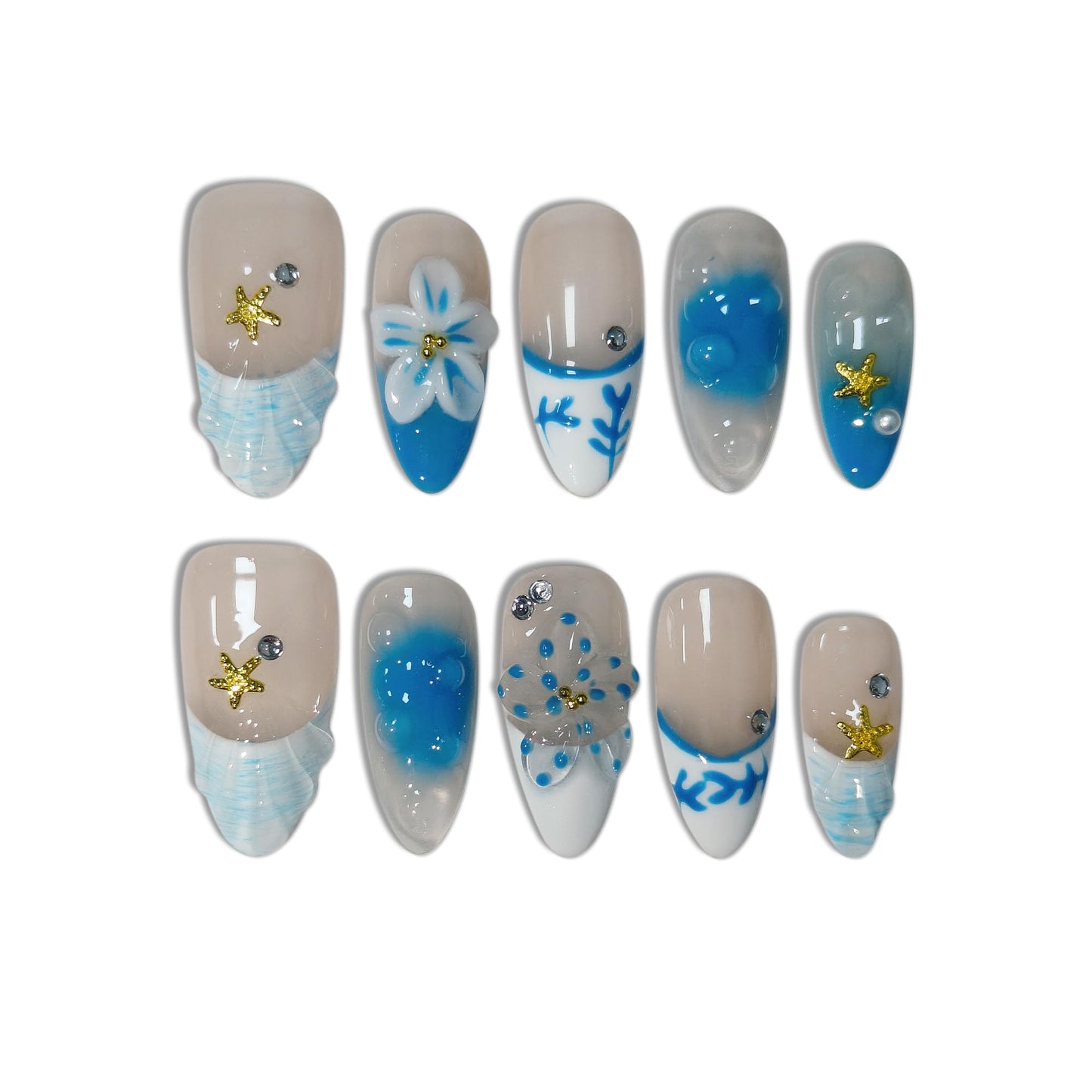 TENPAL Blue French Tips Press on Nails Almond with Shell & Hand Painted, Reusable Icy Glossy False Nails for Summer Beach Vacation | Coastal Watercolor Style(XS)