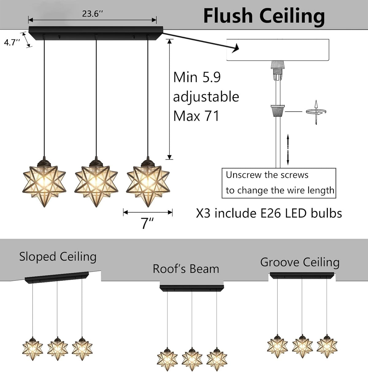 Farmhouse Modern Glam Chandelier Dining Room Clear Glass Star Pendants Light Fixture Kitchen Island LED Ceiling Hanging Lights Included Warm Light Bulbs Black