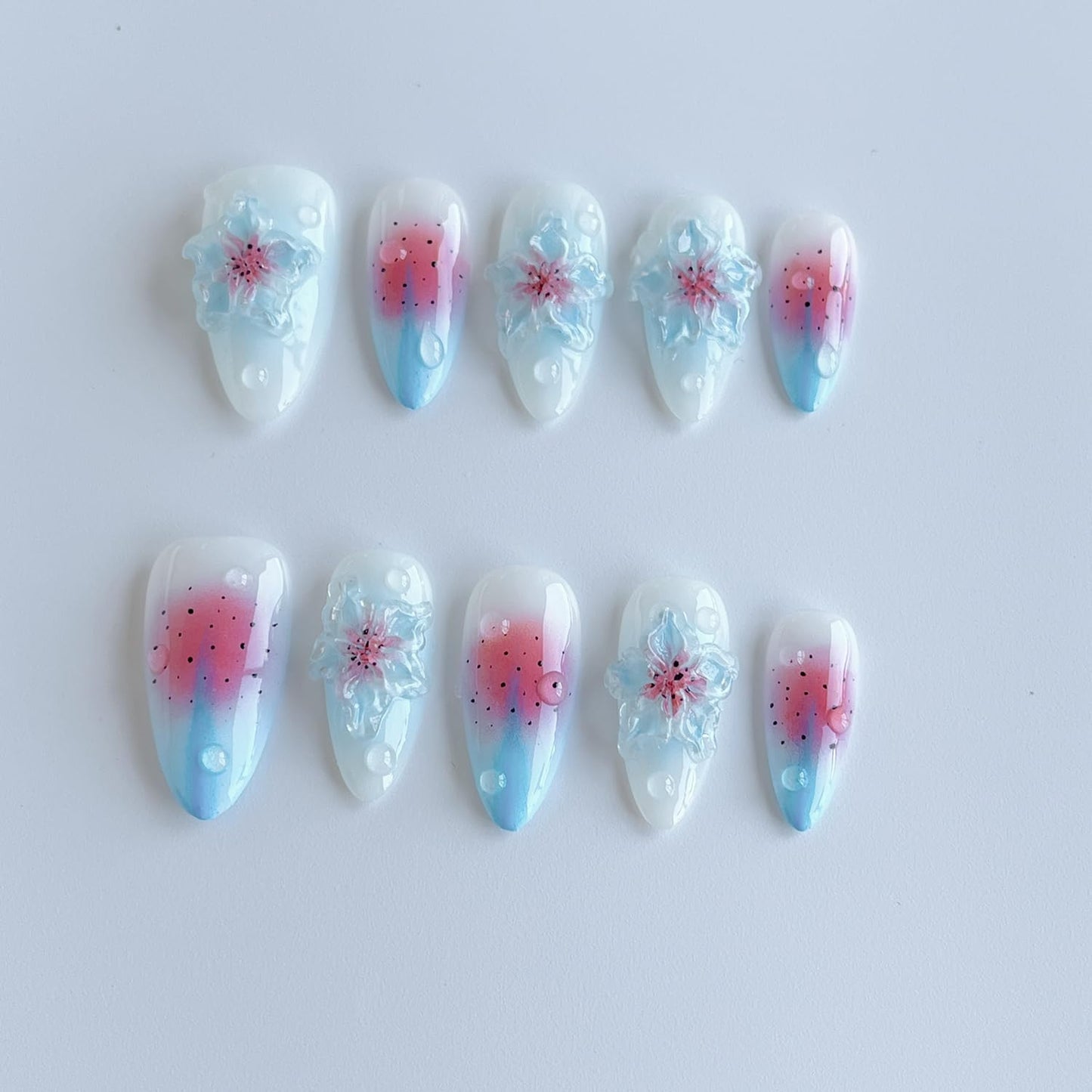 Luxury Press on Nails Medium Almond Handmade 3D Unique Reusable ABS Material Fake Nails Blue False Nails with Designs Water Drop Pink&Blue Flower Art Petal Glossy Thick Acrylic Nails(M)