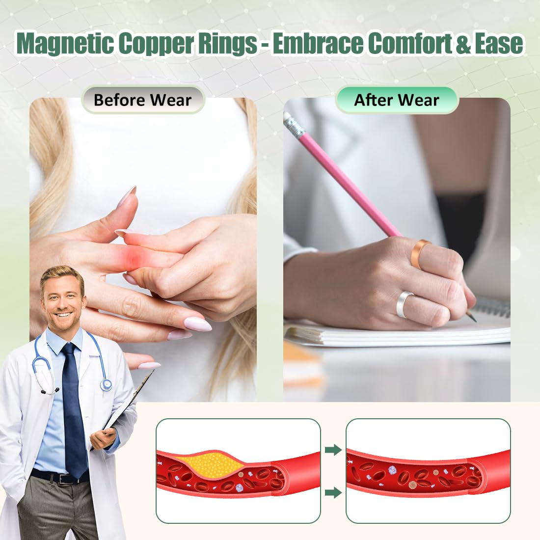 Vicmag 2PCS Magnetic Copper Rings for Women & Men,99.99% Pure Copper Ring with 9X Magnets Gift Adjustable(9X Copper & Silver)