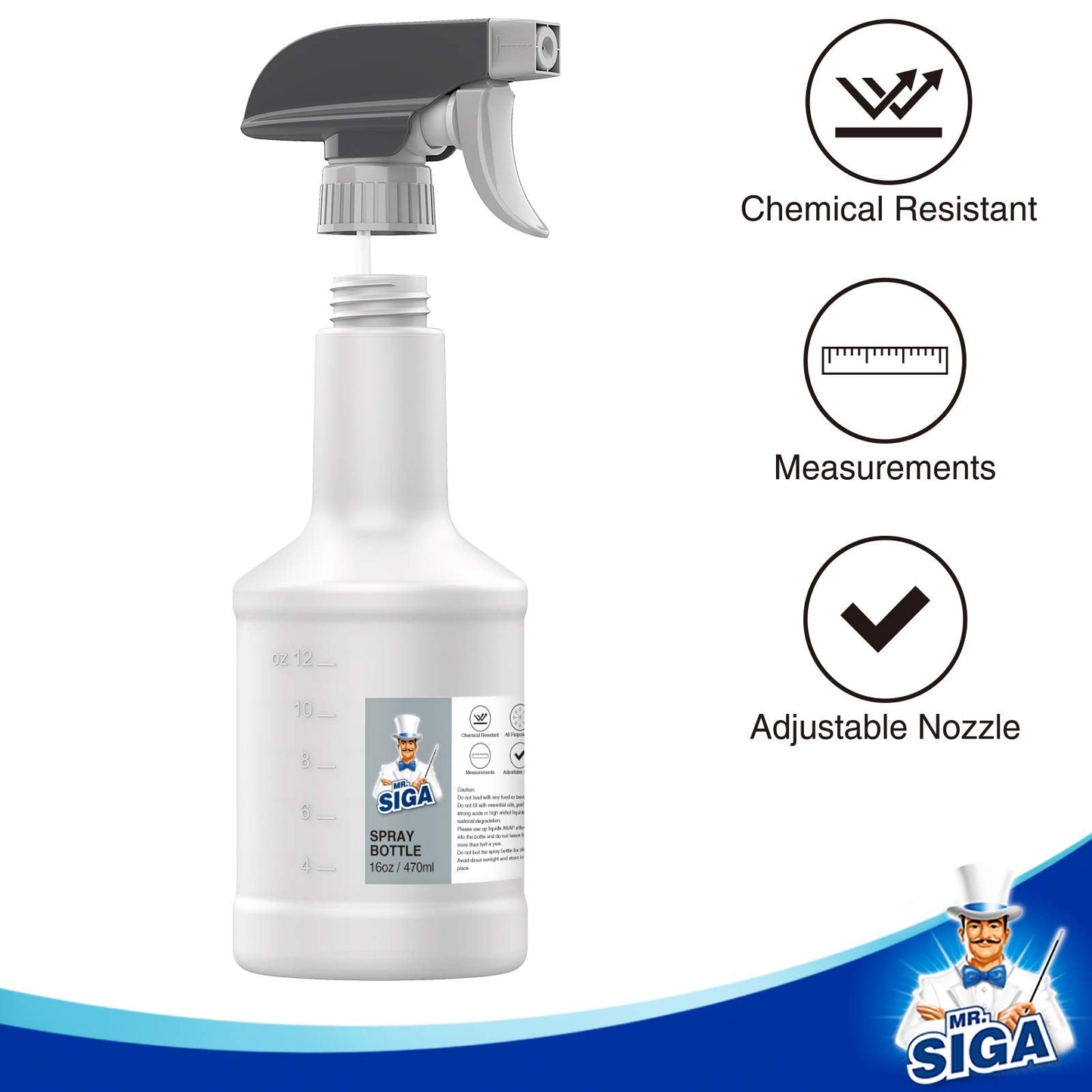 MR.SIGA 16 oz Empty Plastic Spray Bottles for Cleaning Solutions, Heavy Duty Household Reusable Spray Bottles with Measurements and Adjustable Leak Proof Nozzle, 3 Pack