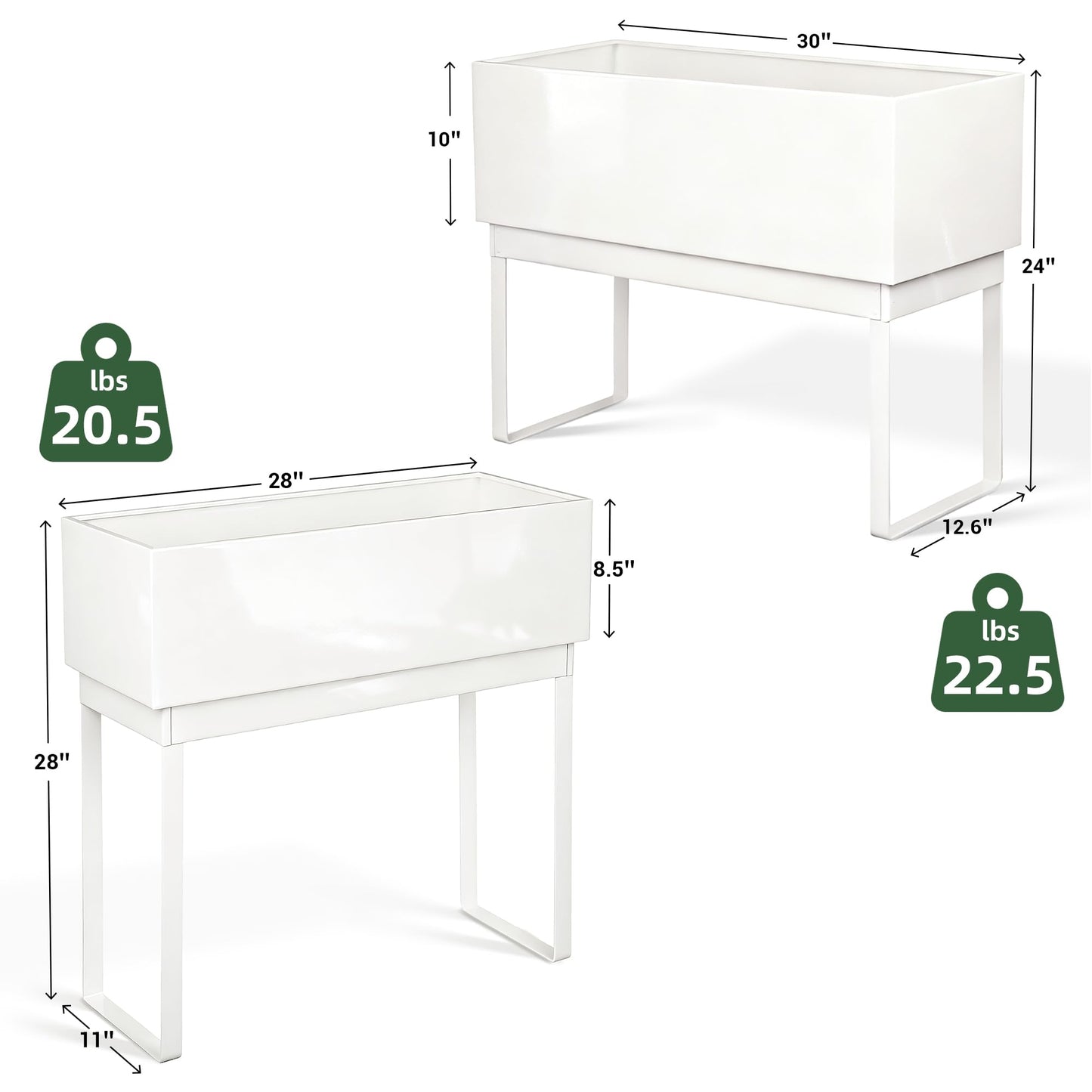 Worth Set of 2 Raised Metal Planter Box with Legs, Large & Small Galvanized Steel Elevated Garden Beds with Drainage Hole & Plug for Vegetables, Flowers & Herbs, Indoor & Outdoor Use - Glossy White