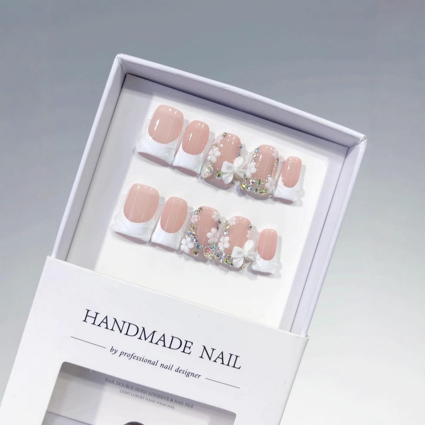 Luxury Press on Nails Short Duck Handmade 3D Bow Fake Nails White French Tip False Nails with Rhinestone Designs Flower Handmade Stick on Nail Thick Acrylic Nail for Women (M)