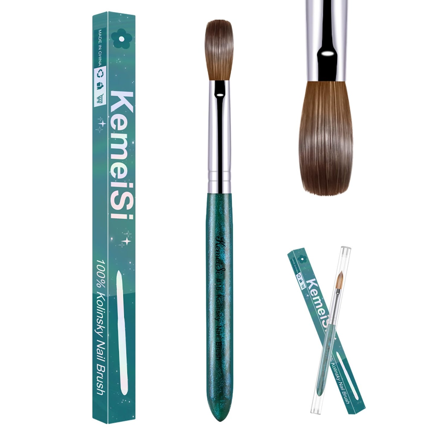 KEMEISI Acrylic Nail Brush Size #16, 100% Pure Kolinsky Nail Art Brushes for Acrylic Application, Sturdy Starry Handle Oval Shaped Nail Design Tools for Professional Manicure DIY, Green