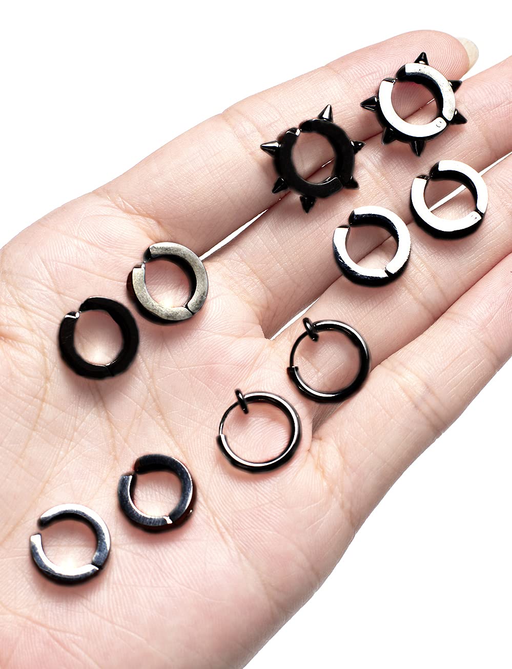 Ofeiyaa 12 Pairs Magnetic Stud Earrings Stainless Steel CZ Hoop Punk Feather Dangle Hinged Non-Piercing Earrings Clip on Magnet Earring Set for Women Men Black Plated