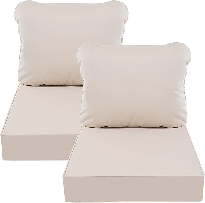 AAAAAcessories Outdoor Deep Seat Cushions, Waterproof, Fade-Resistant Patio Furniture Replacement Cushions, 24" x 24" x 5", Set of 2, Khaki Beige