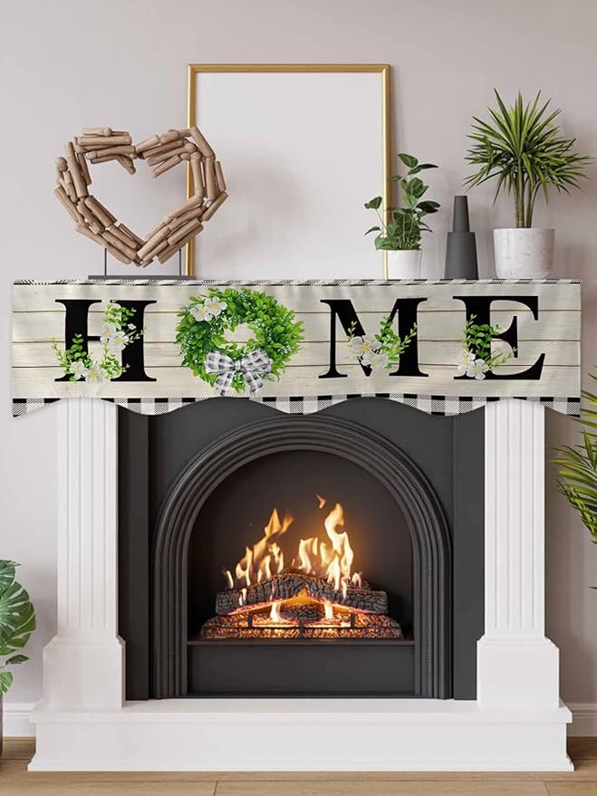 Rustic Home Fireplace Mantel Scarf Table Runner,Eucalyptus Leaves Floral Wooden Buffalo Plaid Winter Garland Mantel Top Tablerunners Dresser Scarves Cover for Windows Party Living Room 60"x17"