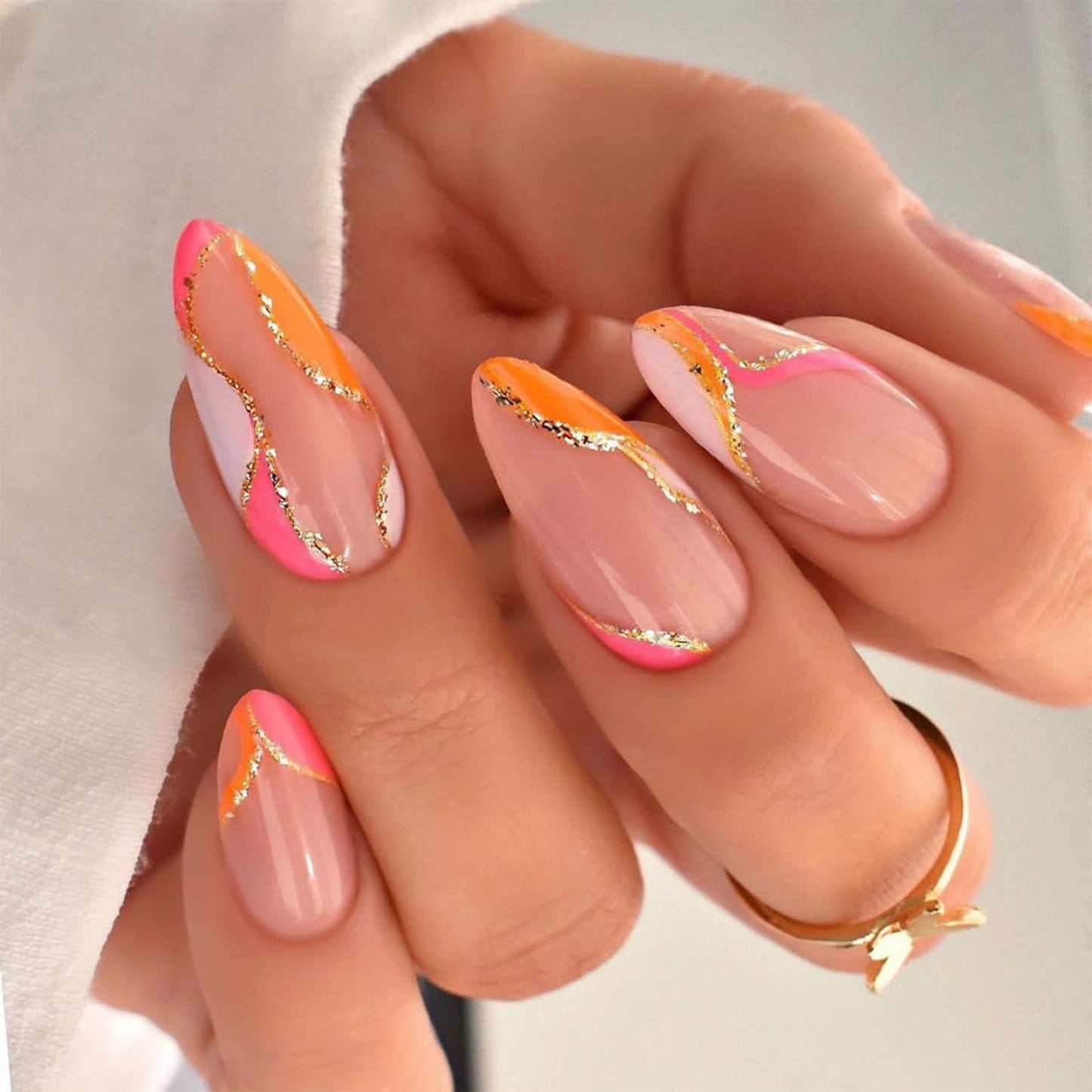 FJSMTOPl Orange Press on Nails Almond Fake Nails Press ons with Design Gold Glitter Swirl Acrylic False Nails Medium Glue on Nails Artificial Stick on Nail for Women Girls Manicure 24Pcs