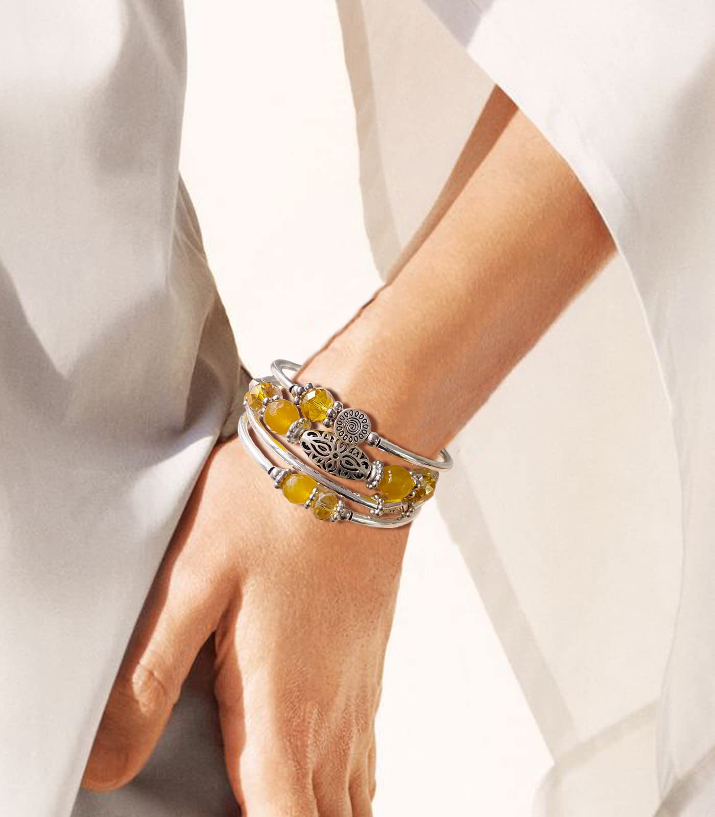 FULU AUTUMN Stackable Beaded Bracelets for Women Boho Wrap Silver Bracelet Layered Fashion Jewelry Gifts for Her(Yellow)