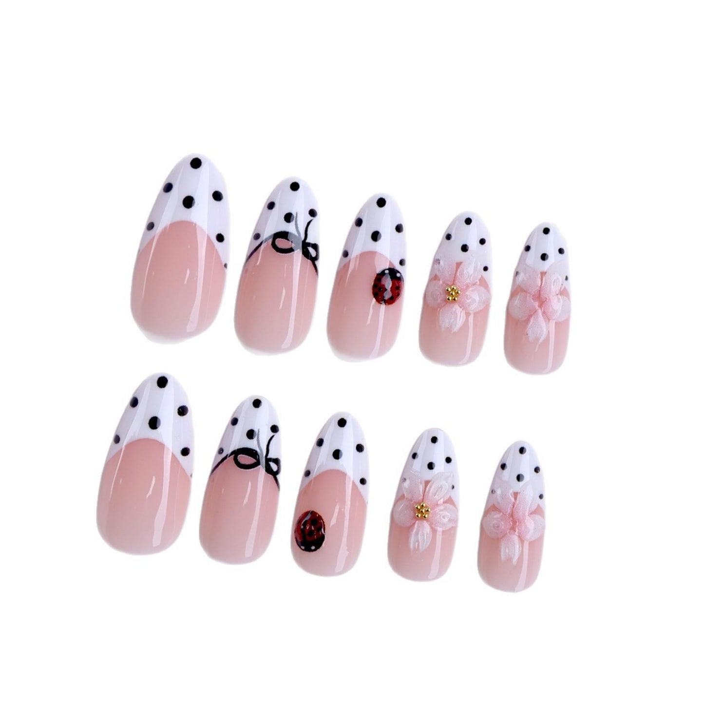 Long Press on Nails Almond Fake Nails White Acrylic Nail Press Ons Seeneey French Stick on Nail Polka Dot Bow 3D Flower Ladybug Glossy Full Cover for Women 24pcs
