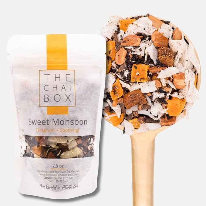 The Chai Box - Sweet Monsoon - Premium Chai Tea - Featured in Oprah's Favorite Things - Loose Leaf Black Tea w/Sweet mangoes, luscious coconut, cinnamon and clove - 2.5oz