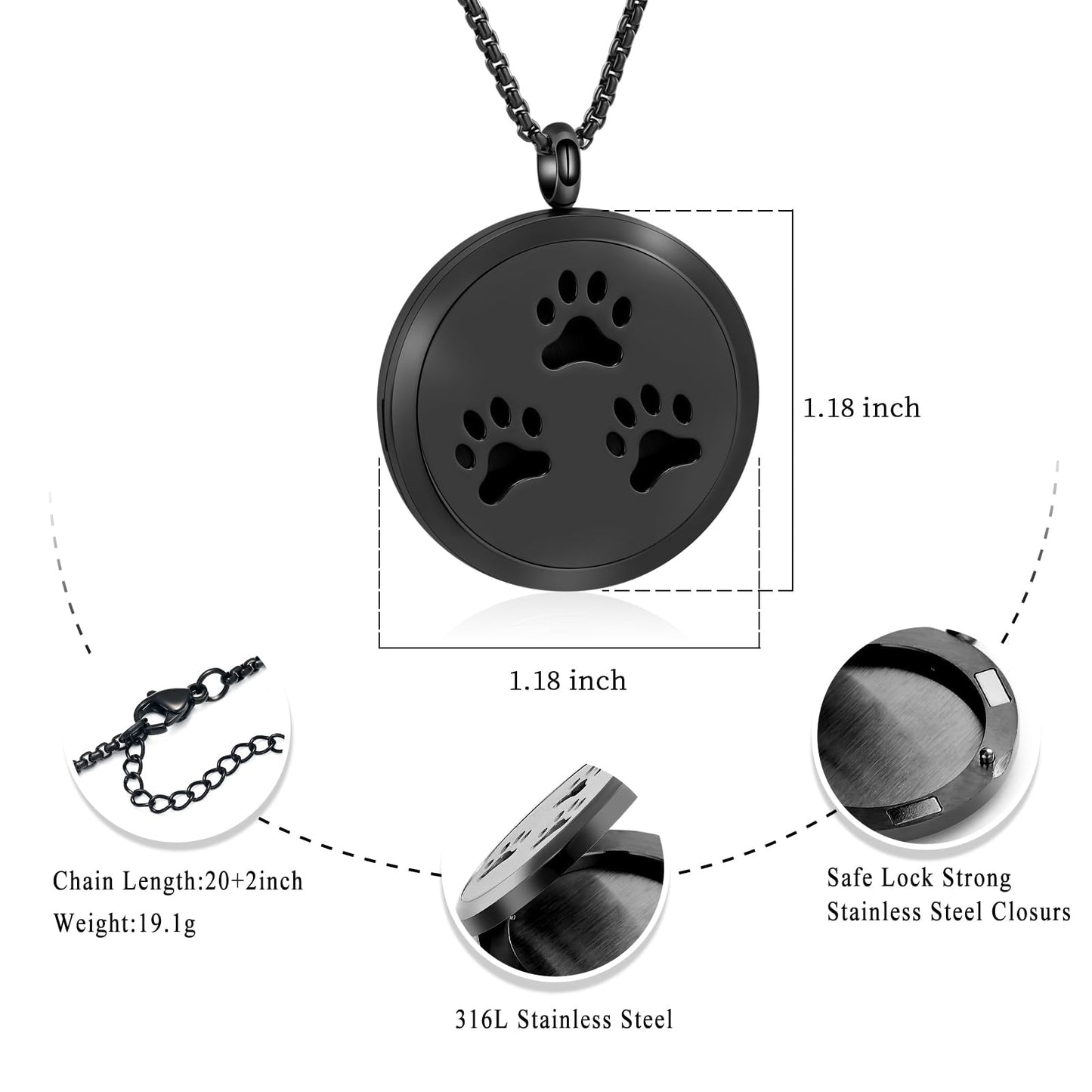 Minicremation Stainless Steel Paw Print Round Perfume Essential Oil Diffuser Pendant Necklace Women Aromatherapy Essential Oil Diffuser Locket Pendant Necklace, with Refill Pads