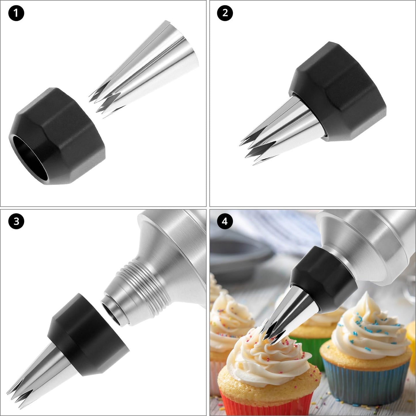 QWORK Dessert Decorating Syringe Set, 304 Stainless Steel Frosting Icing Piping Kit with 6 Replaceable Tips and 8 Silicone Cupcakes - Ideal for Cakes, Cupcakes, Cookies