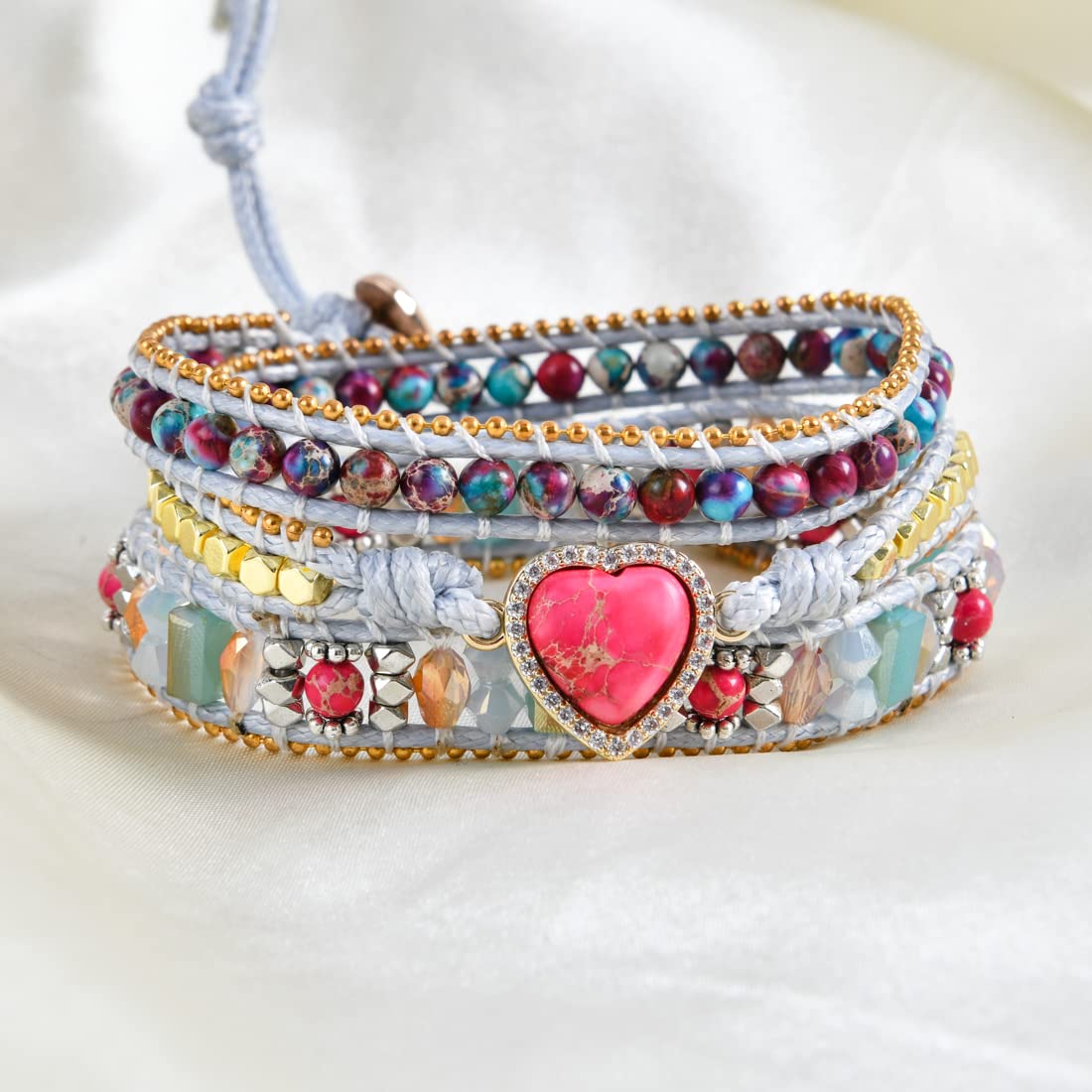YGLINE Chakra Handmade Leather Wrap Bracelet Imperial Jasper Wrap Adjustable Bead Bracelet