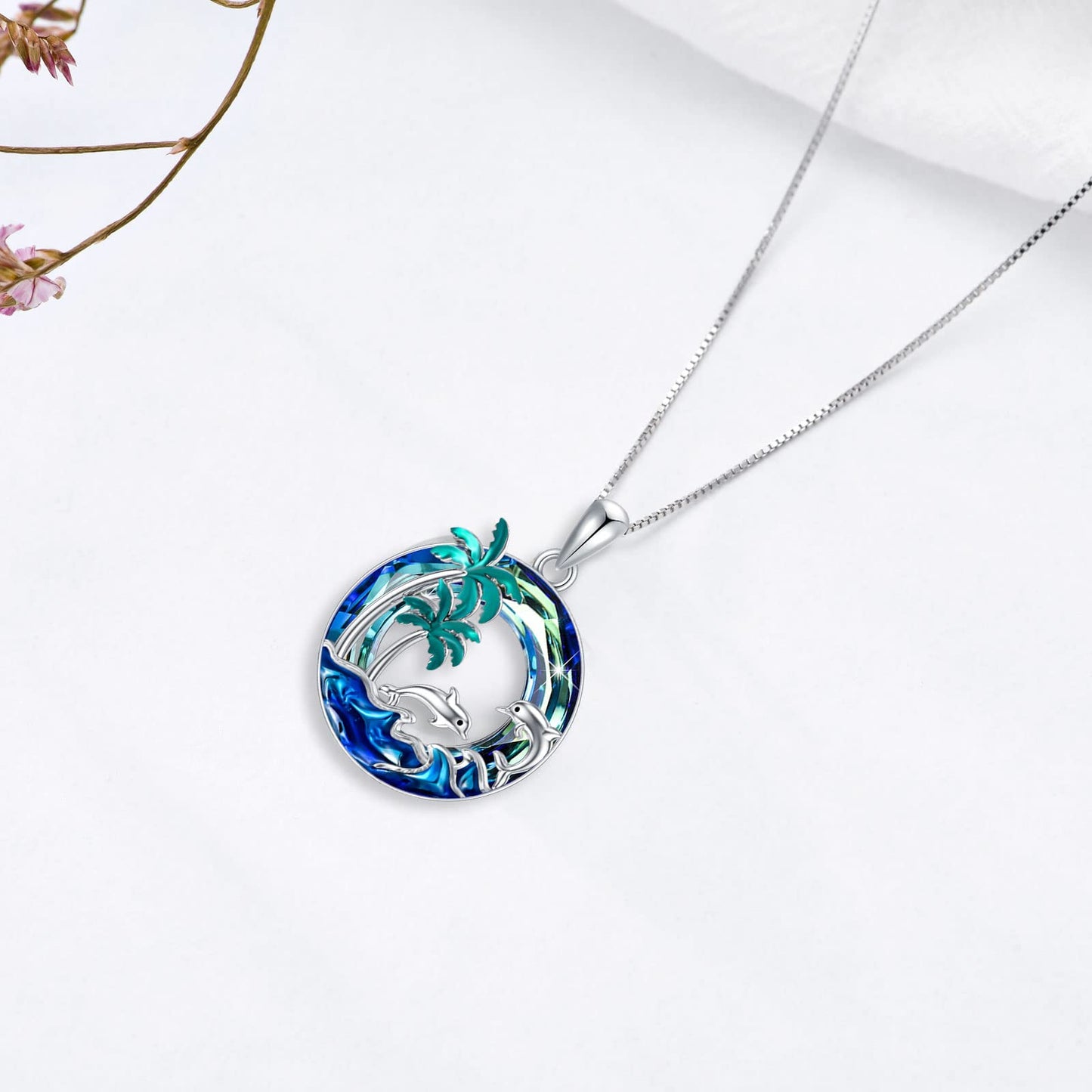 PROESS Dolphin Necklace Sterling Silver Palm Tree Pendant Necklace With Blue Crystal Ocean Wave Jewelry Gift For Women